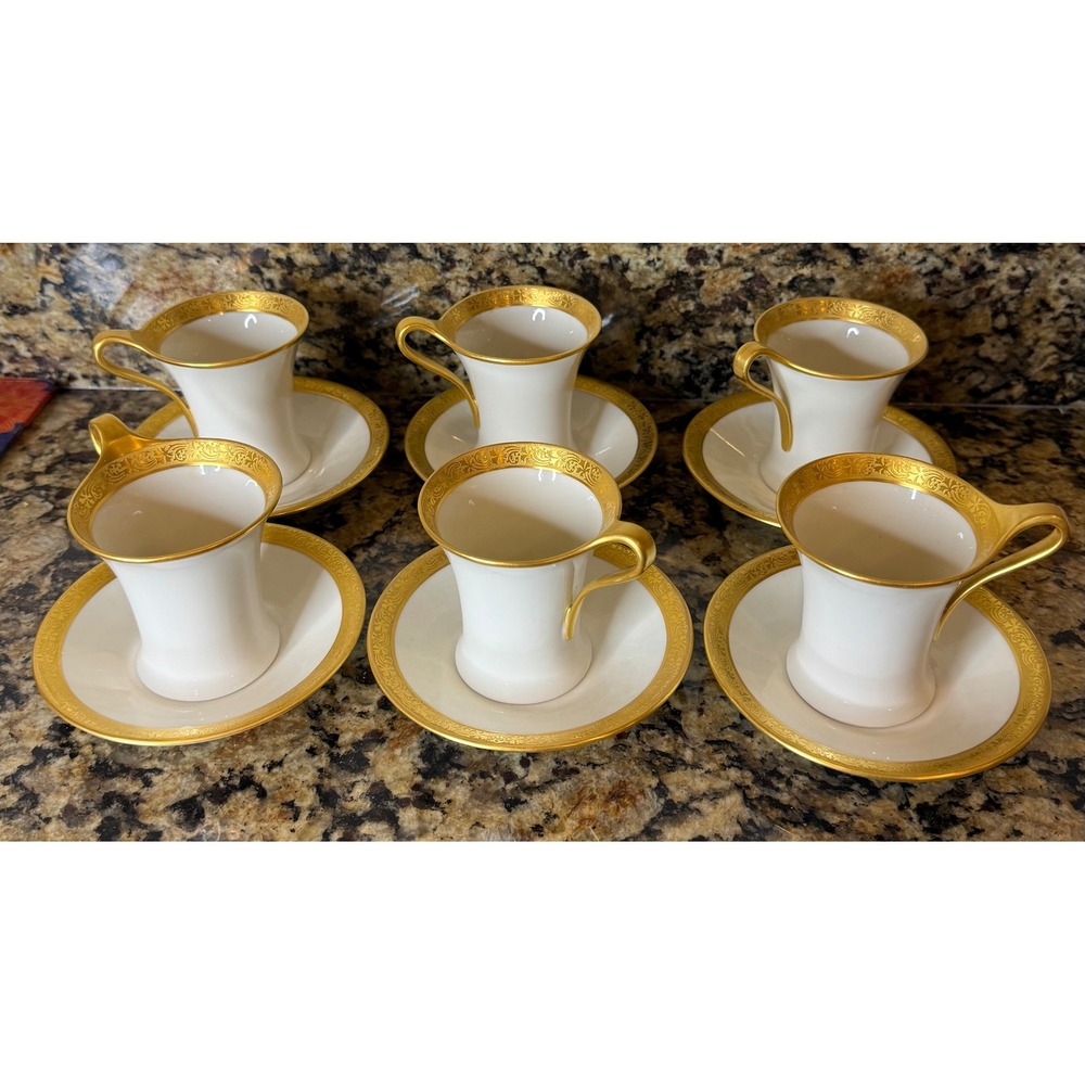 Limoges T&V Demitasse Cup Saucer Set White Heavy Gold Encrusted Set of 6‎
